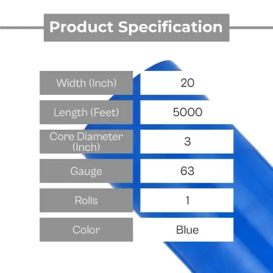 PSBM 1 Roll Opaque Blue Machine Length Hand Stretch Wrap, 20 in. x 5000 Ft. x 63 Ga image {2}
