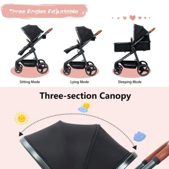 CuisinSmart 2 In 1 Baby Stroller, with Adjustable Canopy and Backrest, Foldable High Landscape Infant Pram with Reversible Seat image {3}