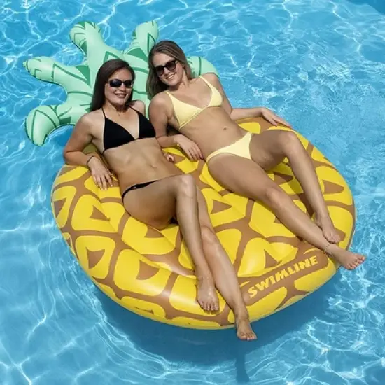 Swimline Jumbo 88" x 50" Inflatable Tropical Pineapple Pool Float Island Lounger, Lake Beach Water Raft with Headrest for 1 to 2 People, image {1}
