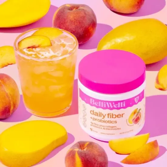 BelliWelli Daily Fiber Supplement + Probiotics, Electrolytes, Collagen, Powder - Peach Mango - 16 servings image {2}