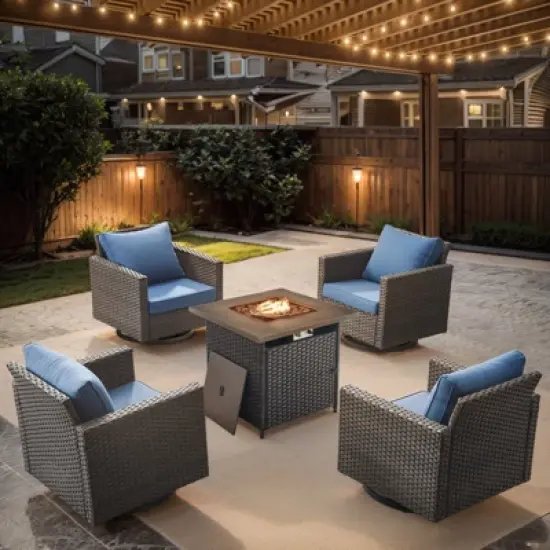 POCASSY 5 Pieces Outdoor Furniture Set with Fire Pit Table - All Weather Brown Wicker Swivel Patio Chairs Set of 4 with 30" Propane Firepit Table image {12}