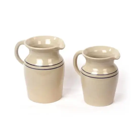 Martinez Pottery Stoneware Pitcher Vase, Natural with Blue Stripe Country Decor image {2}