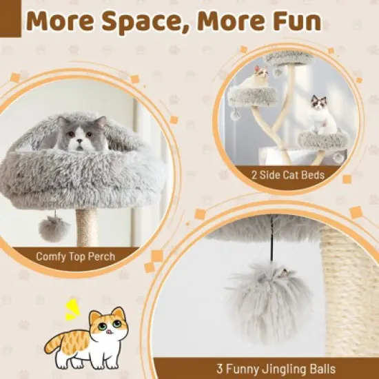 Costway Cat Tree Tower 70'' Multi-Level Kitten Activity Center with 3 Perches & Balls Gray/Beige image {3}