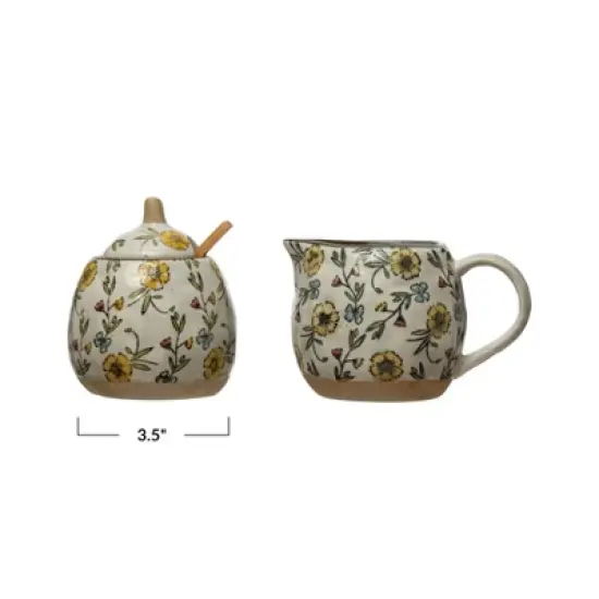 Storied Home Hand-Painted Stoneware Sugar Pot and Stoneware Creamer with Lid and Bamboo Spoon, Multicolor image {1}