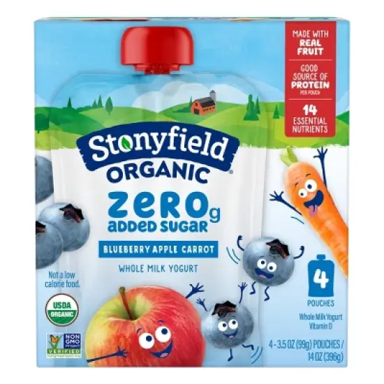 Stonyfield Kids' Organic ZERO Added Sugar Kids Pouch Blueberry Apple Carrot 3.5oz/4pk image {10}