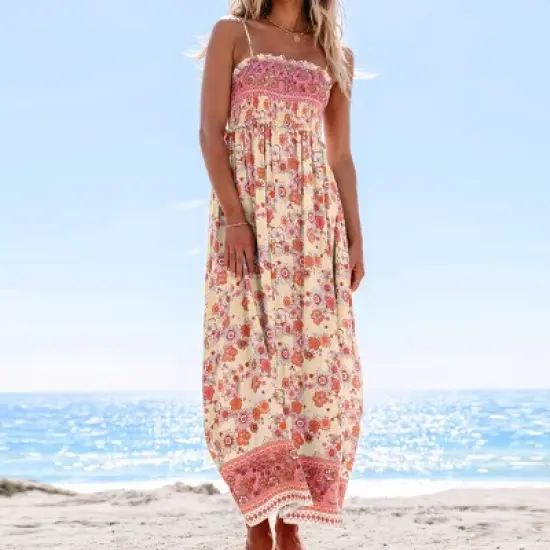 Women's Boho Chic Floral Print Maxi Dress with Smocked Bodice -Cupshe image {2}