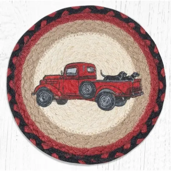 Earth Rugs Lab Pickup Printed Round Trivet &ndash; 10"x10" Braided Jute Hot Pad with Vintage Truck & Dog, Farmhouse Rustic Decor image {1}