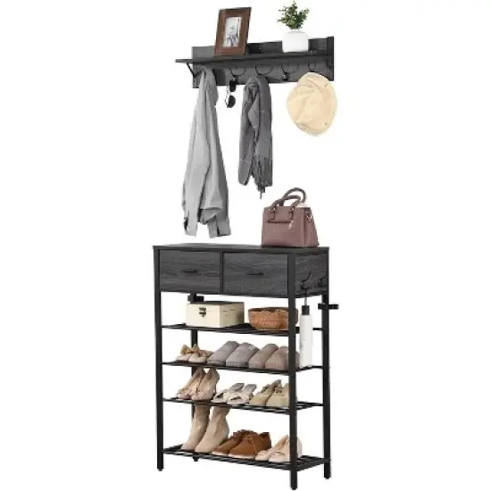 Space-Saving Shoe Rack Organizer, 4-Tier Shelves + 2 Drawers, 31.5" Wide Entryway Storage Unit with Hooks, Modern Design image {1}
