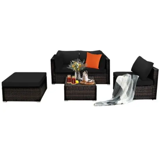 Costway 5PCS Patio Rattan Furniture Set Sectional Conversation Set Ottoman Table image {9}