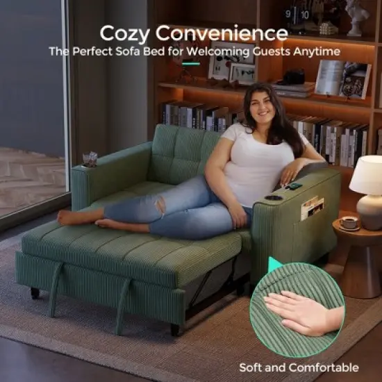 3-in-1 Convertible Sofa Bed, 54" Pull Out Sleeper Sofa with Charging Station & Cup Holder image {10}