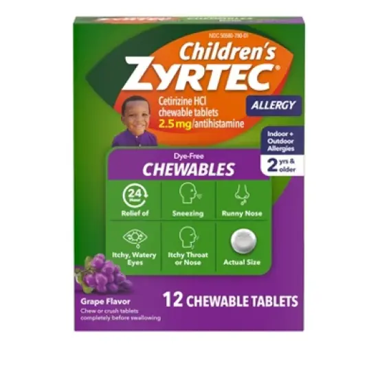 Zyrtec Children's Dye Free Cetirizine 2.5mg Chewables - Grape - 12ct image {9}
