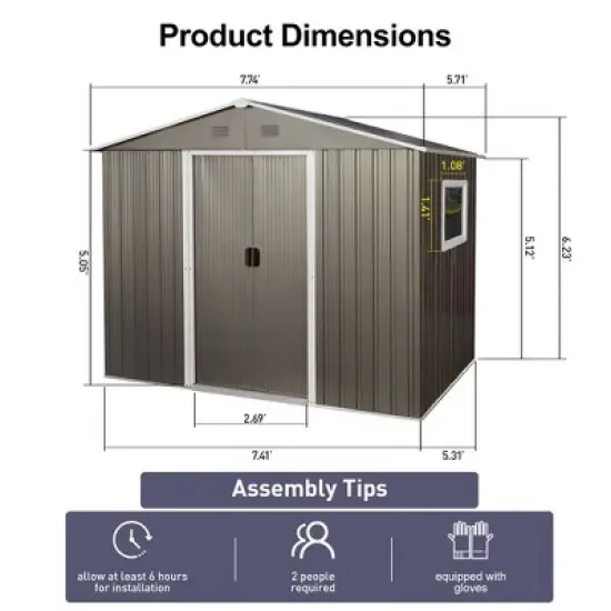 LOVMOR 8ft x 6ft Outdoor Metal Storage Shed with Window Grey image {5}