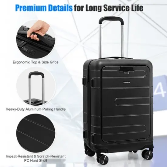 Costway 20'' Carry-on PC Hardside Suitcase TSA Lock w/ Front Pocket & USB Port Black image {8}