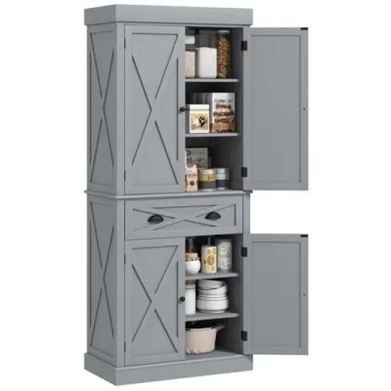 HOMCOM Freestanding Modern Farmhouse 4 Door Kitchen Pantry Cabinet, Storage Cabinet Organizer with 6-Tiers, 1 Drawer and 4 Adjustable Shelves image {8}