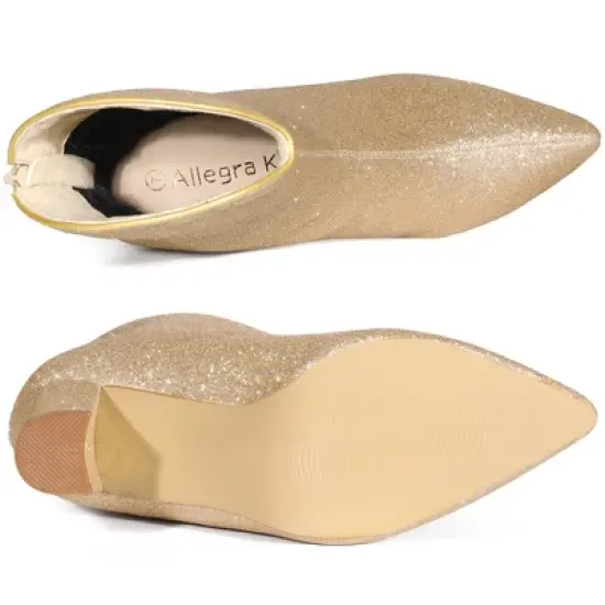 Allegra K Women's Glitter V Shape Pointy Toe Back Zipper Block Heels Mid Calf Boots image {4}