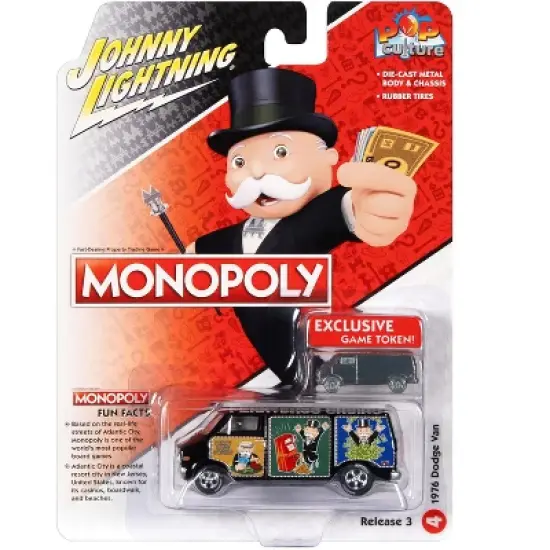 1976 Dodge Van Black "Pennybags Casino - Monopoly" with Dodge Van Monopoly Game Token 1/64 Diecast Model Car by Johnny Lightning image {2}
