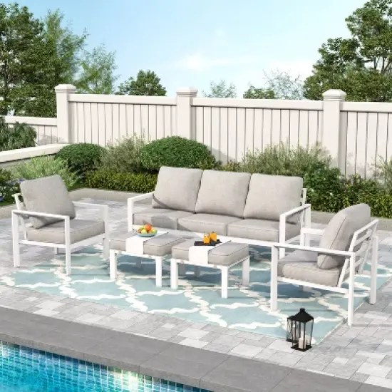 Captiva Designs 5pc Modern Aluminum Outdoor Patio Conversation Set with Ottomans image {7}