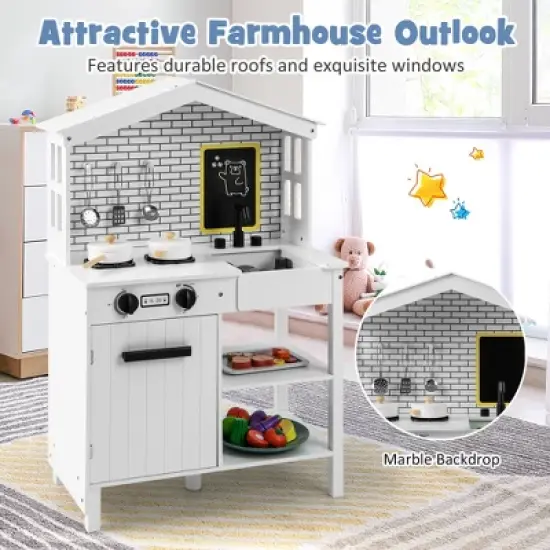 Costway Kids Farmhouse Kitchen Play Set Wooden Pretend Toy with Storage & Accessories image {4}
