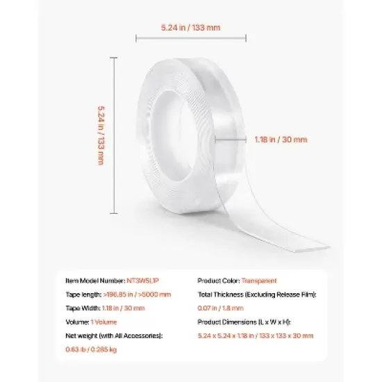 VEVOR Double Sided Tape Heavy Duty, 16 ft Long Nano Mounting Tape, Strong Adhesive & Reusable, Clear Two Sided Wall Tape, Transparent image {7}