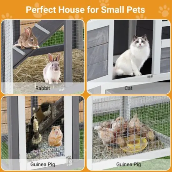 Whizmax Wooden Rabbit Hutch, Small Animal Habitat with Weather-Resistant House & Courtyard, Outdoor Bunny House with Wire Fence and Cleaning Tray image {1}