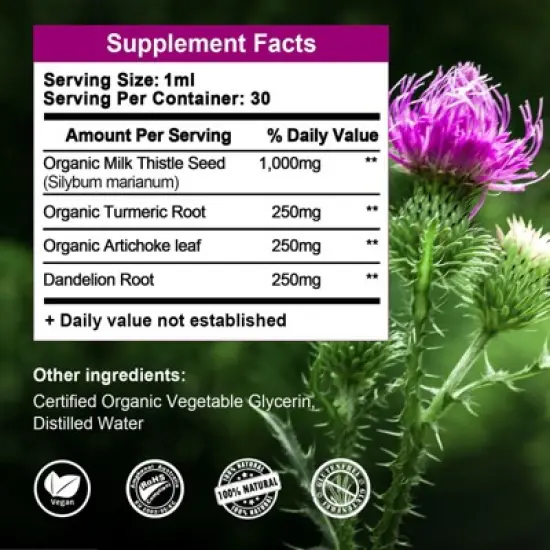 Alliwise Liver Health Support Liquid, Milk Thistle 80% Silymarin Extract & Dandelion Root Extract, Vegan, Non-GMO, 2 Bottle (2 Fl.oz) image {1}