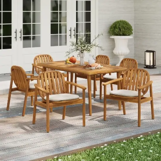 Christopher Knight Home Kennen 7 Piece Outdoor Rustic Acacia Wood Dining Set with Cushions image {10}