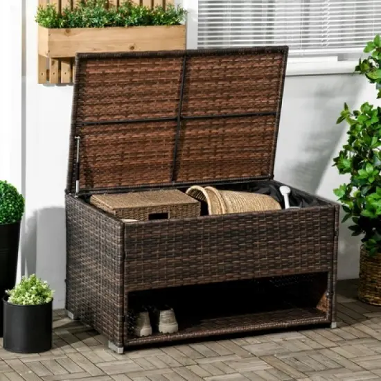 Outsunny Outdoor Deck Box & Shoe Storage, PE Rattan Wicker Towel Rack with Liner for Indoor, Outdoor, Pool, Toys, Garden Tools, Brown image {2}