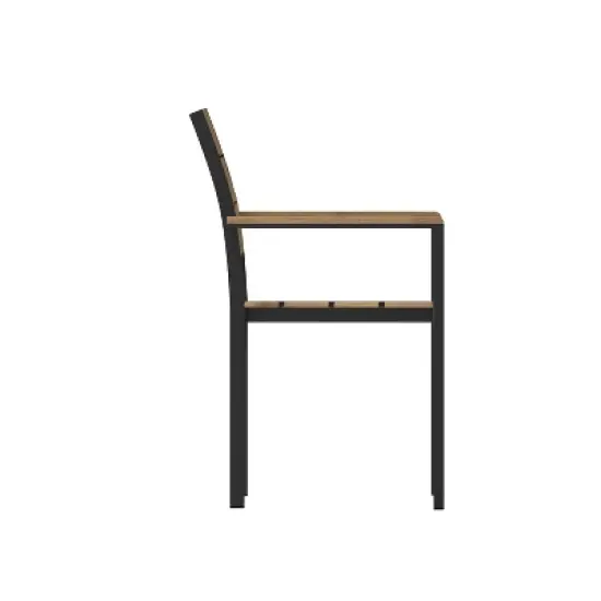 Emma and Oliver Outdoor Stacking Side Chair with Faux Teak Poly Slat Seat, Back and Arms and Metal Frame image {9}