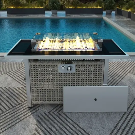 43" Propane Gas Fire Pit Table, 60000 BTU Rectangular Open Weave Wicker Fire Pit with Glass Wind Guard for Outside Patio Deck Garden Backyard - Grey image {1}