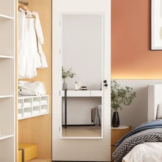 VECELO Mirrored Jewelry Cabinet Wall, Door Mounted Jewelry Organizer with LED Lights and Lockable Full Length Mirror, White image {12}