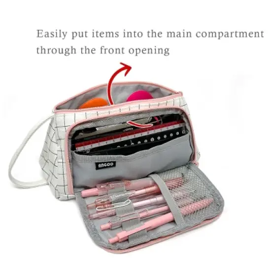 Wrapables Large Capacity Pencil Case, Portable Pencil Pouch for Stationery Office Supplies, Pink & White image {2}