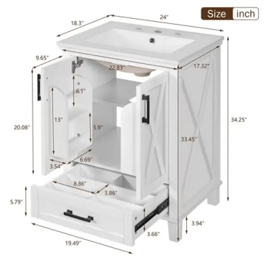 LOVSON 24''Bathroom Vanity Set, solid wood frame, equipped with soft-close doors, compartmentalized drawer, and double-tier storage shelf, white image {2}