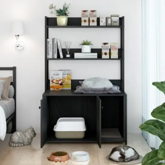 GDFStudio Philip Modern 52" Metal and Wood Cat Litter Box Enclosure with Shelf Storage image {1}