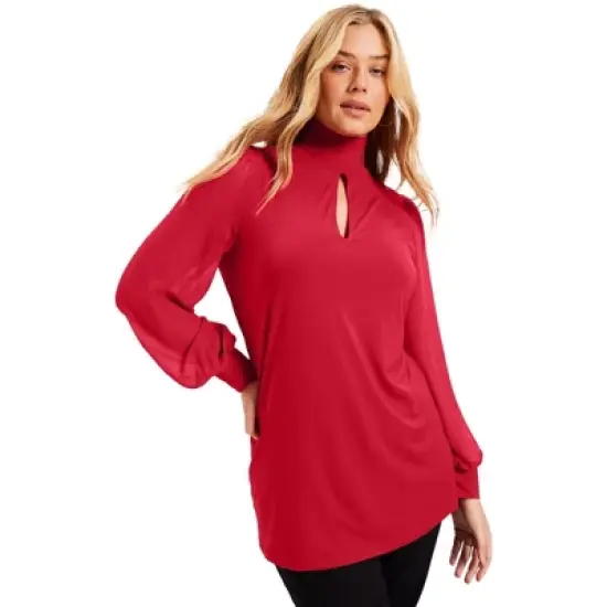 June + Vie by Roaman's Women&rsquo;s Plus Size Sheer-Sleeve Mockneck Top image {3}