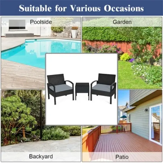 Costway 3PCS Patio Rattan Furniture Set Coffee Table Conversation Sofa Outdoor Cushioned Gray image {6}