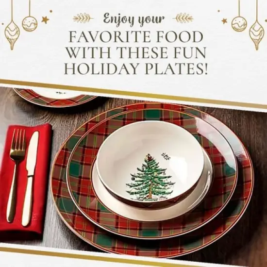 Spode Christmas Tree Tartan Dinner Plate, 10.5-Inch, Christmas Dishes with Tartan Plaid Border, Fine Earthenware, Microwave and Dishwasher Safe image {4}