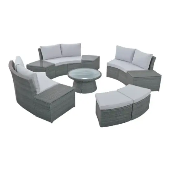 FIONECA 10-Piece Outdoor Sectional Half-Round Patio Rattan Sofa Set, Light Gray PE Wicker Conversation Furniture, Modular Combination image {8}