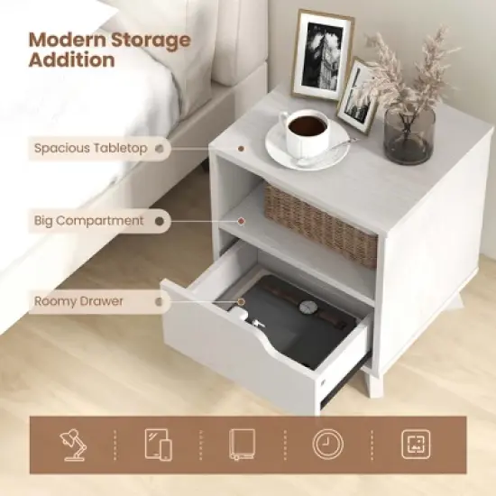 Costway 1/2 PCS Nightstand Sofa Side End Table with Storage Shelf & Drawer Space-Saving White image {7}