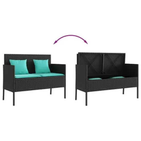vidaXL Outdoor Loveseat Bench - Black PE Rattan, Padded Blue Cushions, Storage Under-Seat, Weather-Resistant, Garden/Patio Furniture, 44.5"x24"x34.3" image {6}