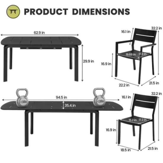 Crestlive products 9pc aluminum patio dinning set 94.5in table and 8 chairs Aluminum top Black for outdoor pool lawn image {2}