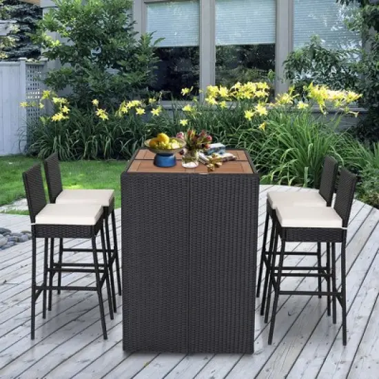 Costway 5-Piece Patio PE Wicker Bar Set Outdoor Acacia Wood Dining Table Stool Bistro image {1}