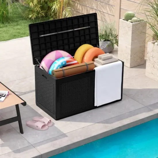 Tangkula 103 Gallon Resin Outdoor Storage Box Waterproof Deck Box w/ Lockable Lid & Wheels Brown/Black/Grey image {1}