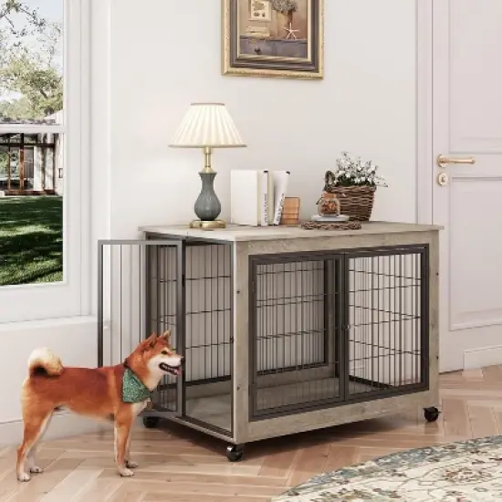 Acekool Wooden Dog Crate - Heavy Duty Furniture Style Kennel with Wheels & Double Doors image {8}