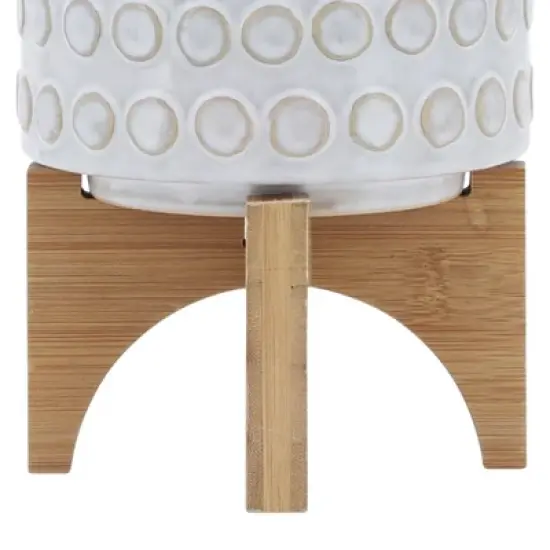 Sagebrook Home 5" Wide Circle Pattern Round Ceramic Planter Pot with Wood Stand image {6}