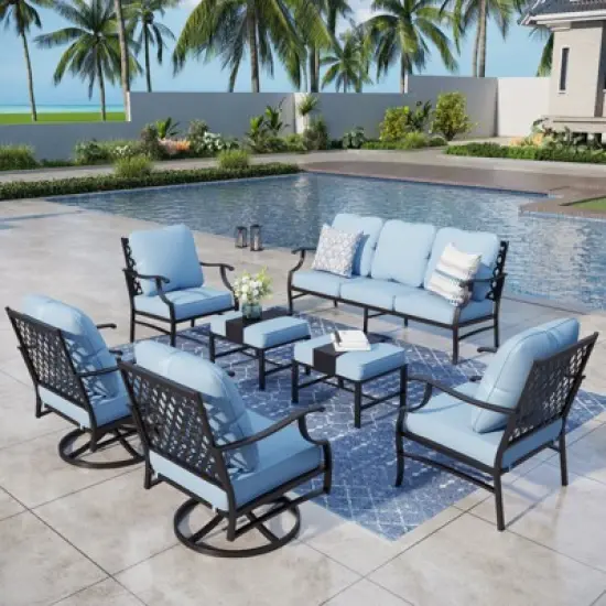 Captiva Designs 7pc Metal Patio Outdoor Conversation Set with Swivel Grid-back Chairs, Ottomans for Garden, Poolside, Backyard image {14}