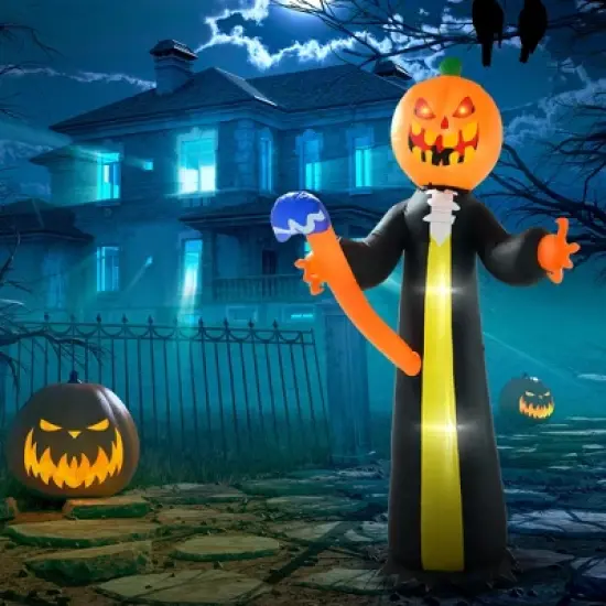 Outsunny 118.1" Inflatable Halloween Pumpkin Head Ghost with Hammer, Halloween Decoration with LED Lights for Garden Indoor Outdoor image {1}