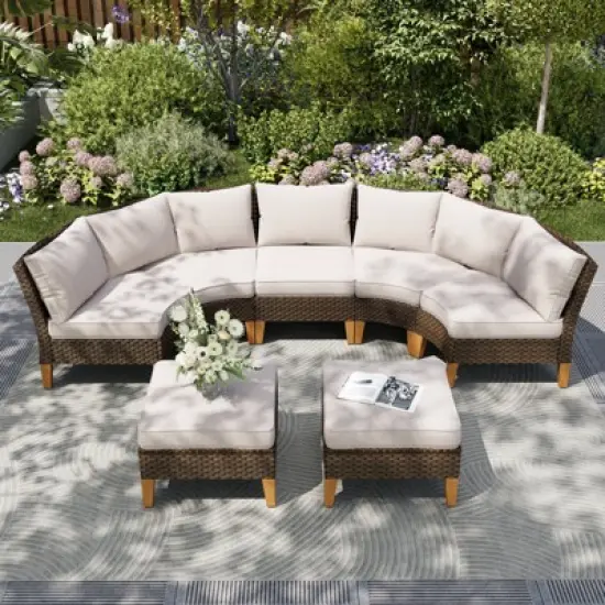 Captiva Designs 7pc Outdoor Wicker Rattan Patio Half-Moon Curved Sectional Sofa Set with Cushioned Ottoman image {13}