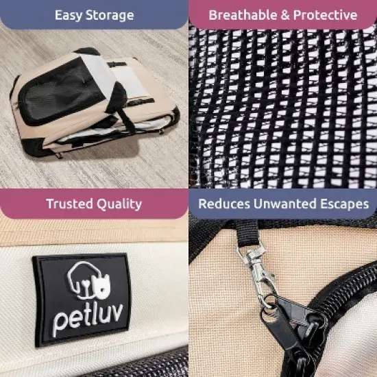 PetLuv Cat & Dog Carrier Foldable Pet Travel Crate, Removable Plush Pillow, Privacy Windows, Locking Zippers, Pocket, Seatbelt Straps image {6}