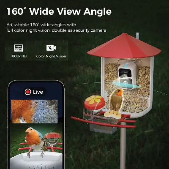 PerchMe&trade; AI-Recognition Smart Bird Feeder with Camera, Solar-Powered (Vermilion Canopy) image {2}