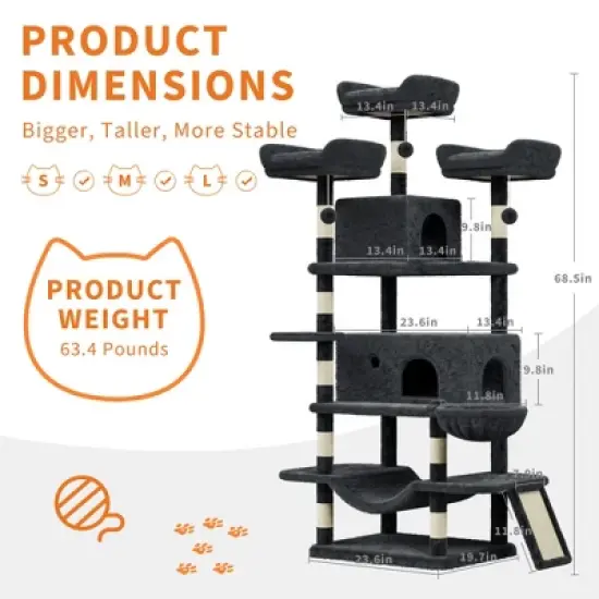 COZONY Multi-Level Cat Tree Tower for Indoor Cats &ndash;Cat Furniture with Condo, Hammocks, Plush Perches, Basket, Dangling Toys Sisal Scratching Posts image {2}